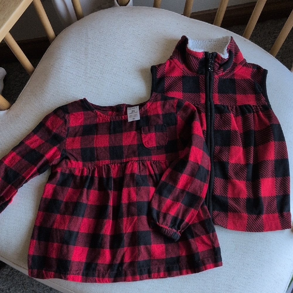 Carters | Kids Red and Black Plaid Shirt and Vest Set